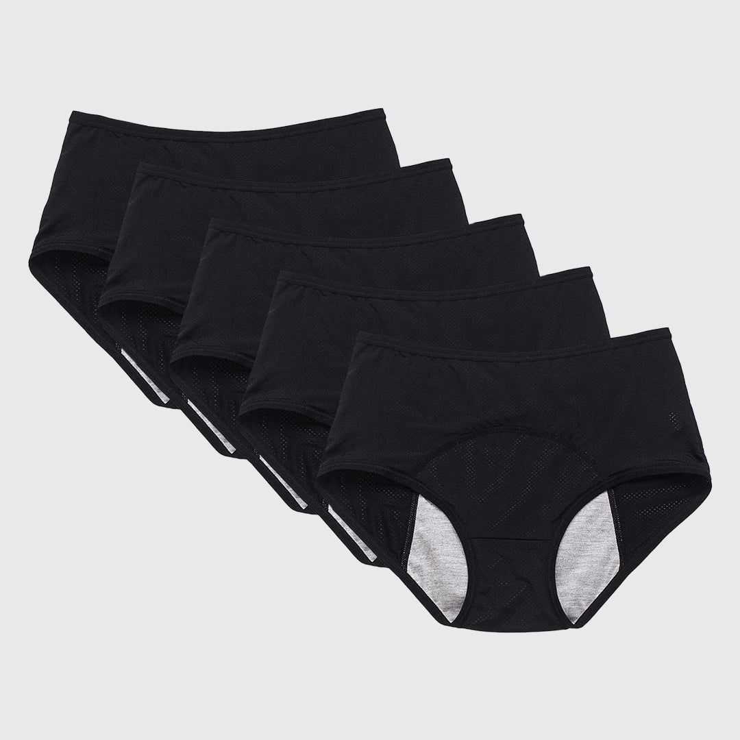 Five black women's briefs arranged in a row on a white background.