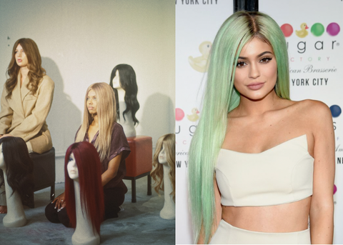 Kylie with green wig, Girls and mannequins with multiple wigs