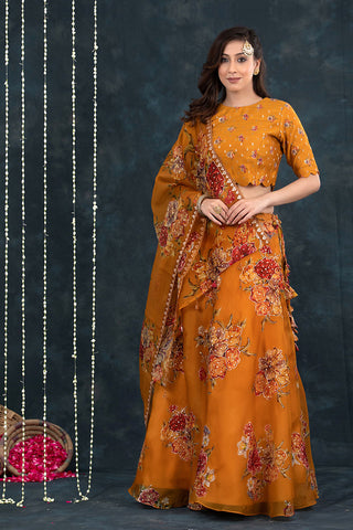 Yellow Embellished Floral Printed Organza Silk Lehenga At Chinaya Banaras