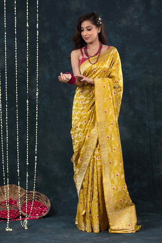 Deep Yellow Meenakari Handwoven Banarasi Katan Silk Saree - Chinaya Banaras