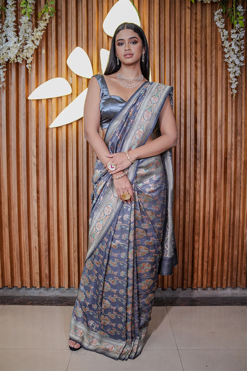 Charcoal Grey Floral Jaal Woven Tussar Khaddi Silk Saree - Chinaya Banaras