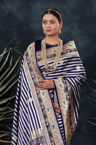 Regal Navy Blue Kadhwa Woven Banarasi Satin Silk Saree - Chinaya Banaras