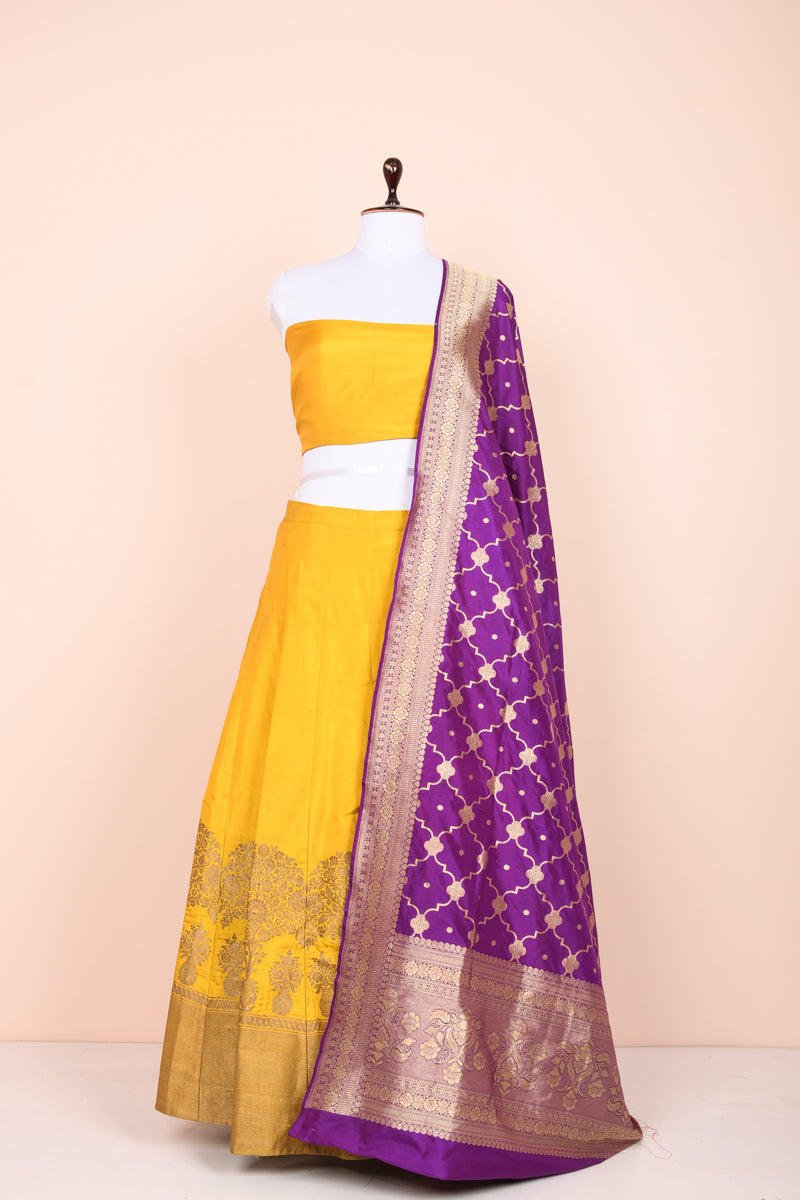 Yellow Handwoven Chiniya Silk Lehenga Set At Chinaya Banaras