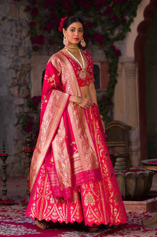 Hot Pink Handwoven Banarasi Silk Lehenga - Chinaya Banaras