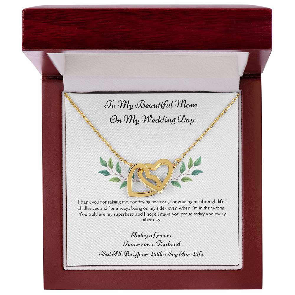 Necklace Gift for Mother of The Groom From Son on Wedding Day. Interlocking hearts with 19K gold finish and CZ details