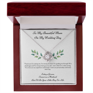 Mother of the Groom Love Knot Necklace - Gift from Son. "To My Mum on My Wedding Day" 14K White Gold Plated CZ Love Knot Pendant.