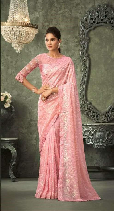 Soft Pink Georgette Sequin Embellished Saree