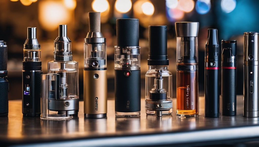 A collection of trendy vape pens and e-cigarette devices on a stylish Hollywood vanity.