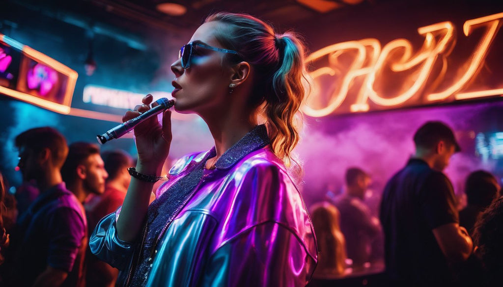 A celebrity vaping in a vibrant nightclub atmosphere.