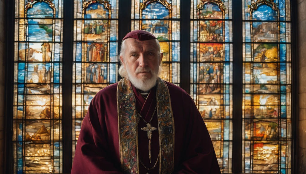 A religious leader deep in thought in front of a stained-glass window.