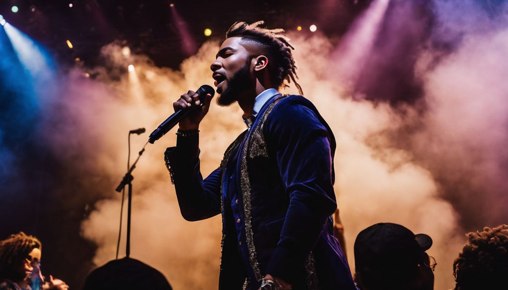 A singer performs on stage surrounded by swirling vape clouds.