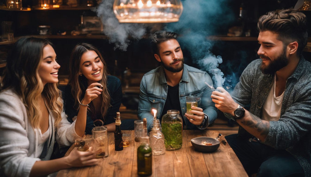 A group of friends enjoying a smoke session in a cozy environment.