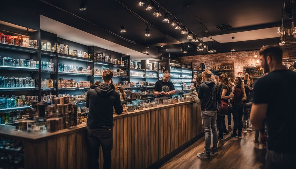 A group of vape enthusiasts browsing products in an urban shop.