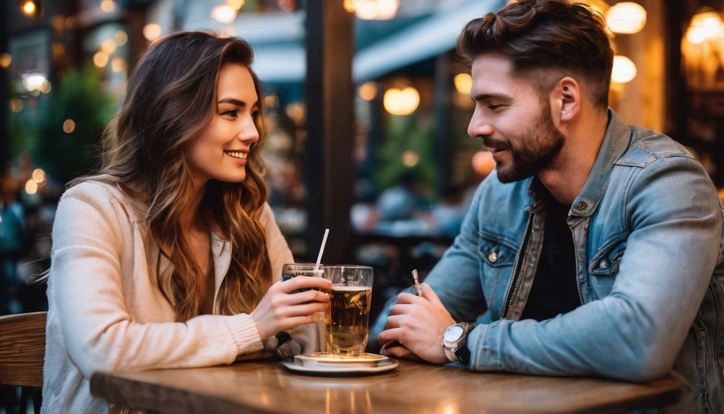 A couple enjoying a romantic evening at an outdoor vape-friendly café.