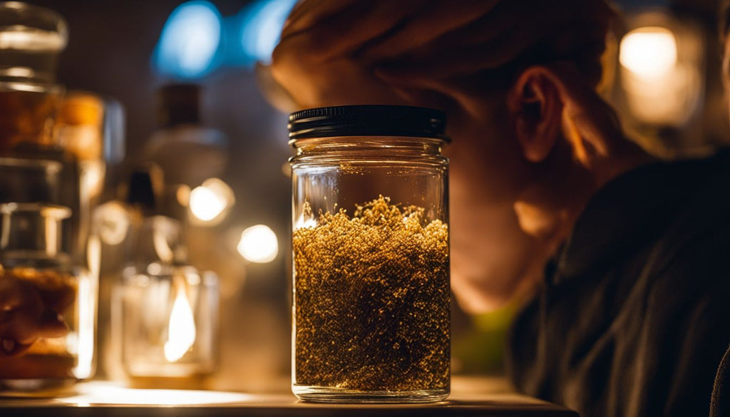 A person admiring a jar of dab concentrate in a dimly lit room.