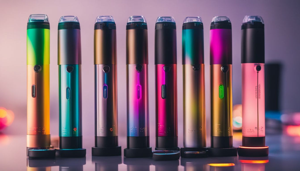 A variety of blinking dab pens in a well-lit environment.