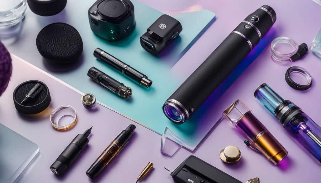 A stylish dab pen surrounded by modern vaping accessories in a vibrant setting.