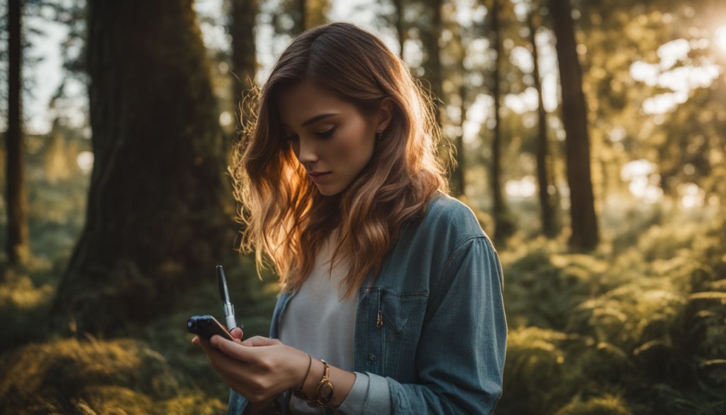 A person using a portable dab pen in a nature setting.