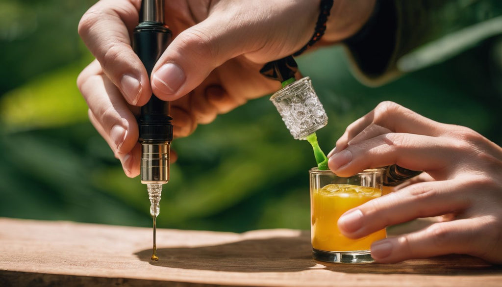 A person using a dab tool to apply THC concentrate on a heated nail in a lush green background.