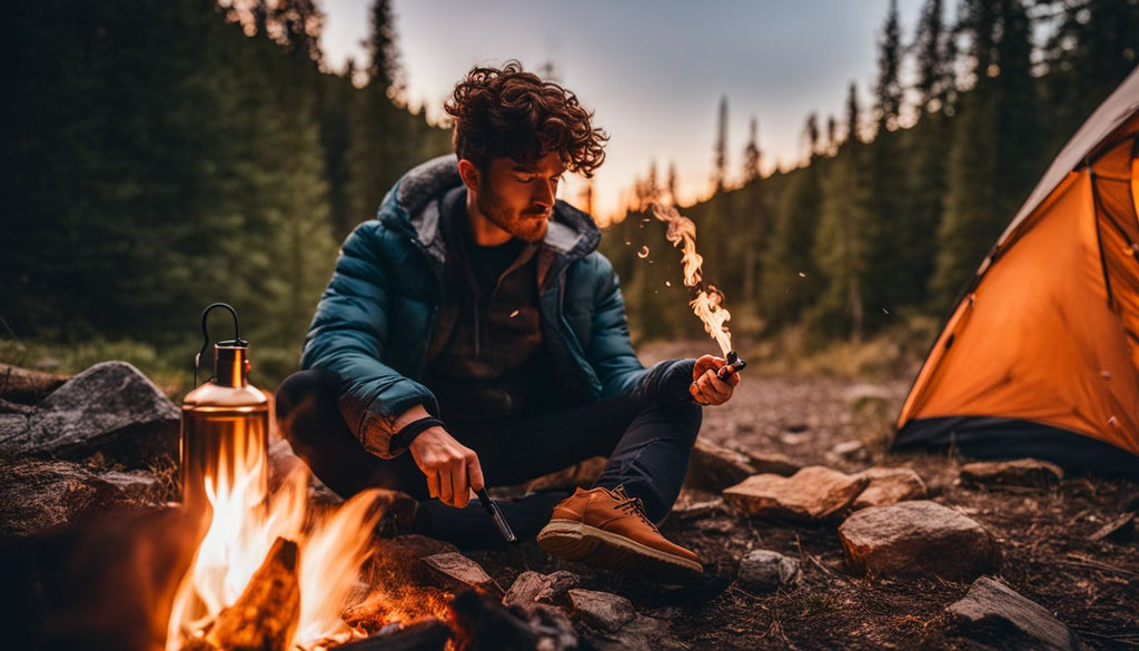 A person using a vape pen by a campfire in nature.