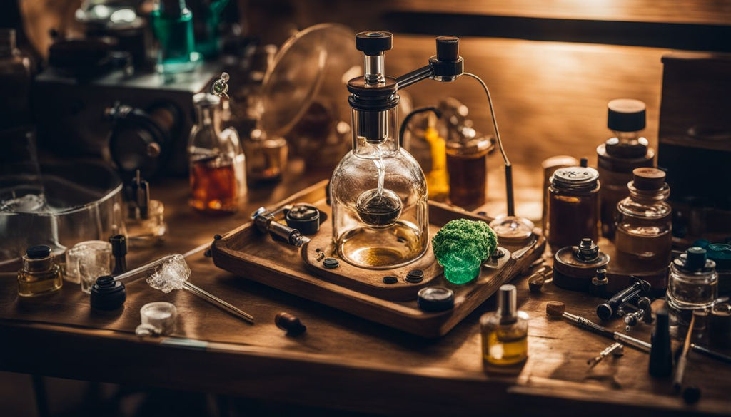 A dab rig surrounded by concentrate and dabber tools in a well-lit setting.