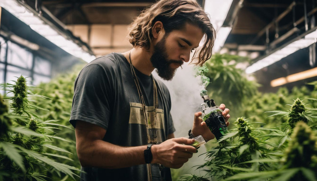 A person exhales vapor while holding a dab rig among cannabis plants.