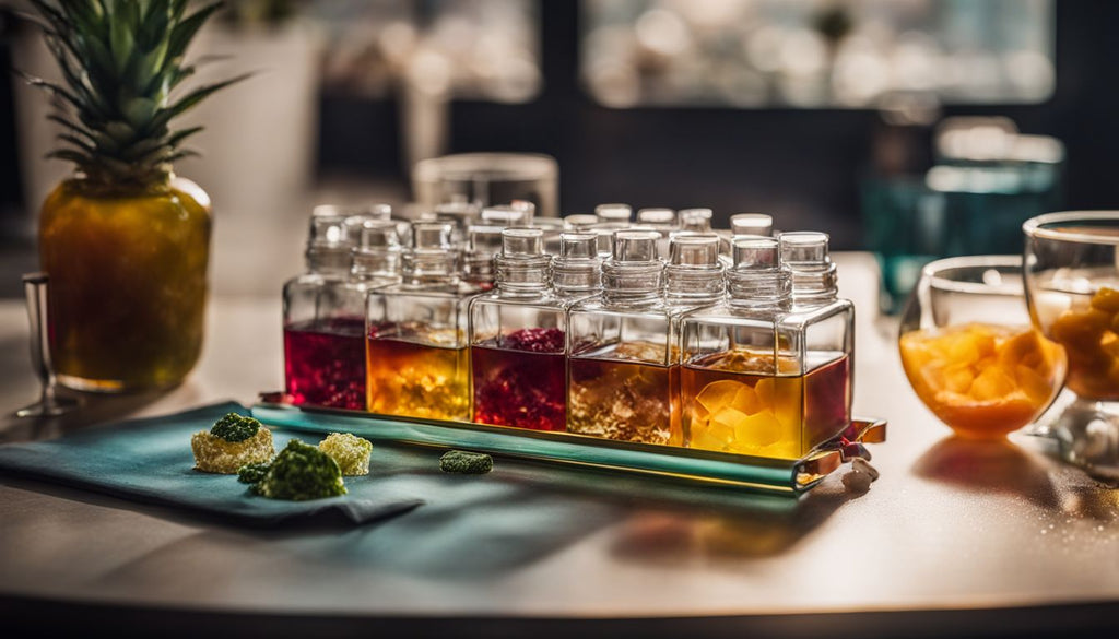 A glass dab rig with assorted concentrates on a modern table.