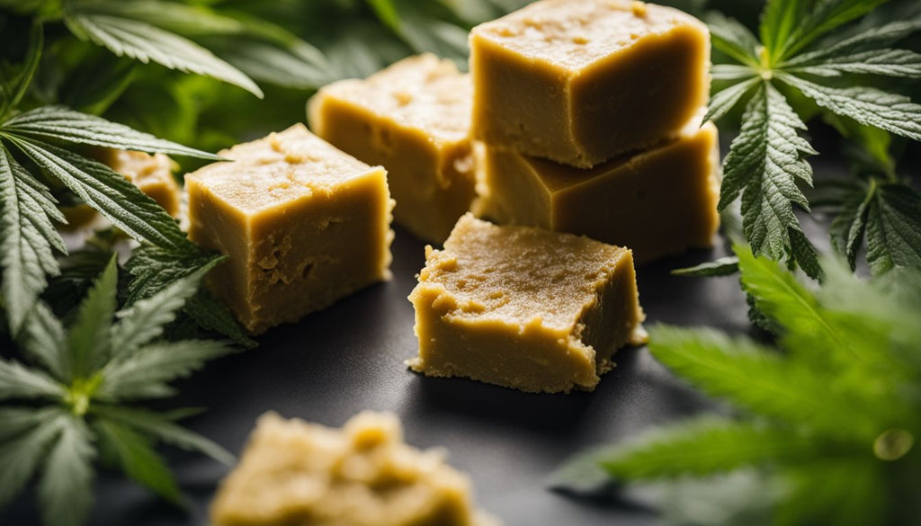 A close-up of budder with a background of cannabis plants in nature.