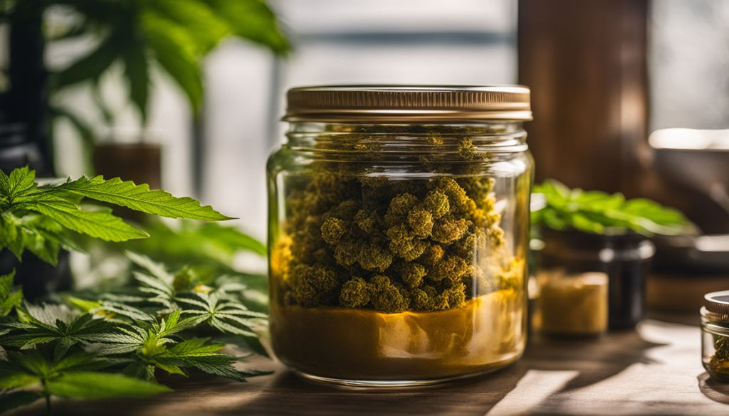 A jar of budder surrounded by cannabis plants in a bustling atmosphere.