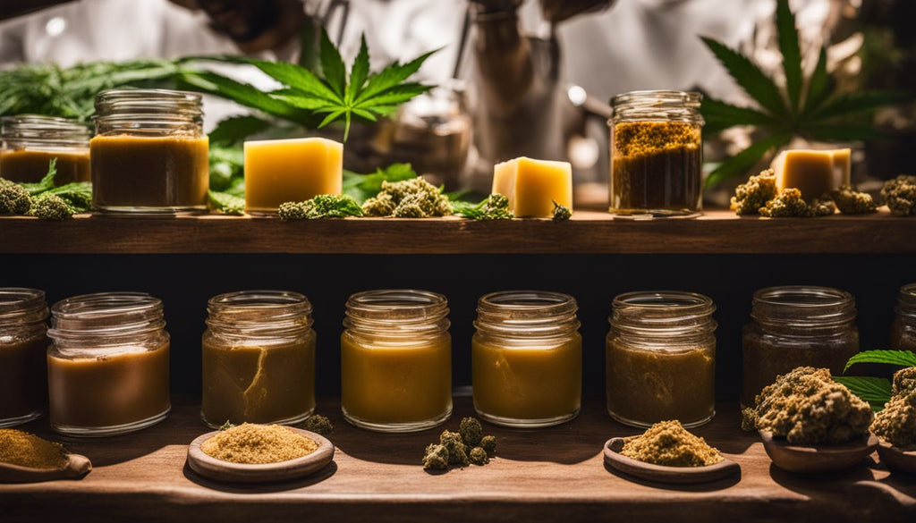 A display of various types of budder with cannabis plants in the background.