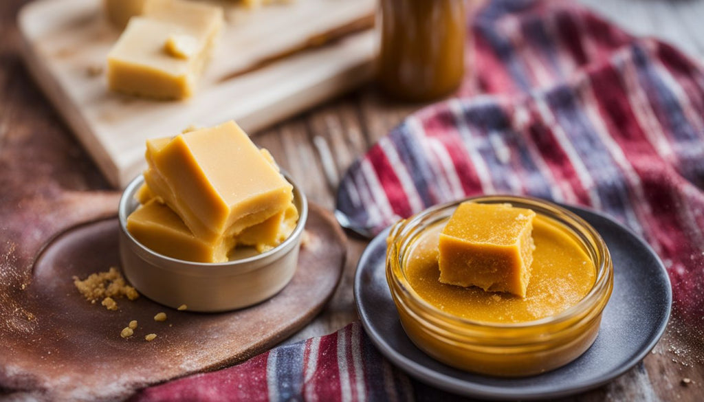 A close-up of colorful budder concentrate on a modern table.