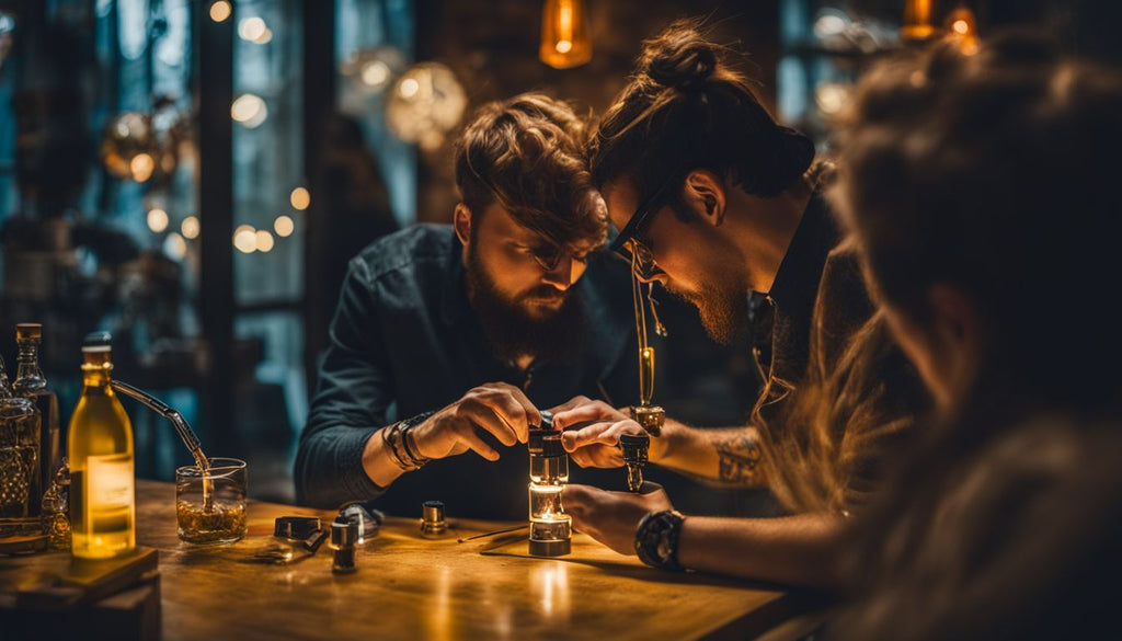 A person using a dab rig to consume hash oil in a modern setting.