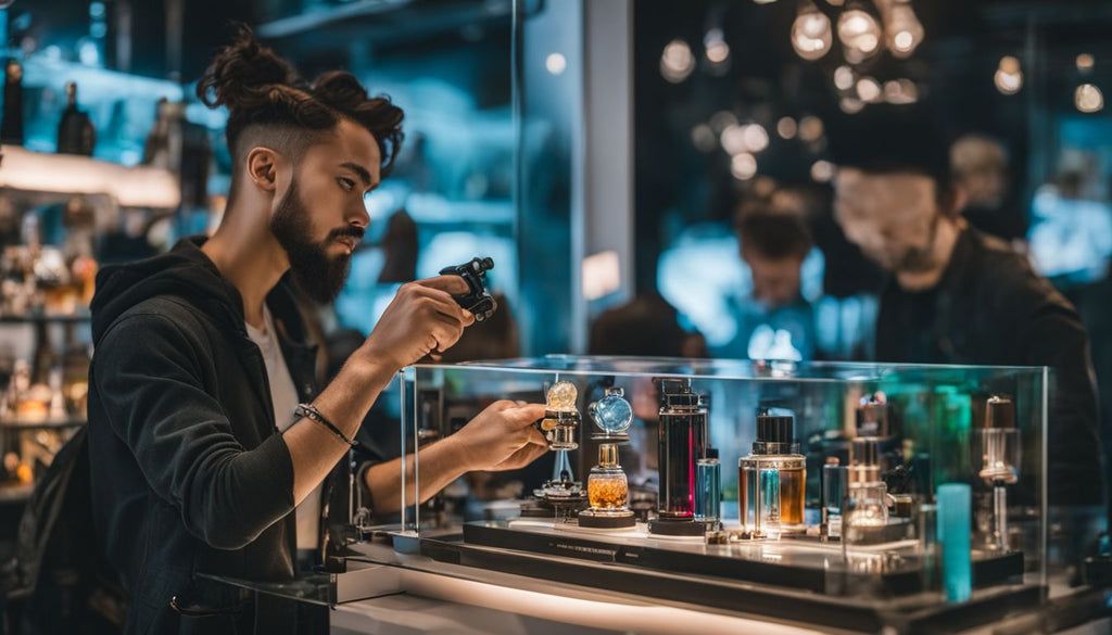 A person comparing dab rigs on glass display in a cityscape.