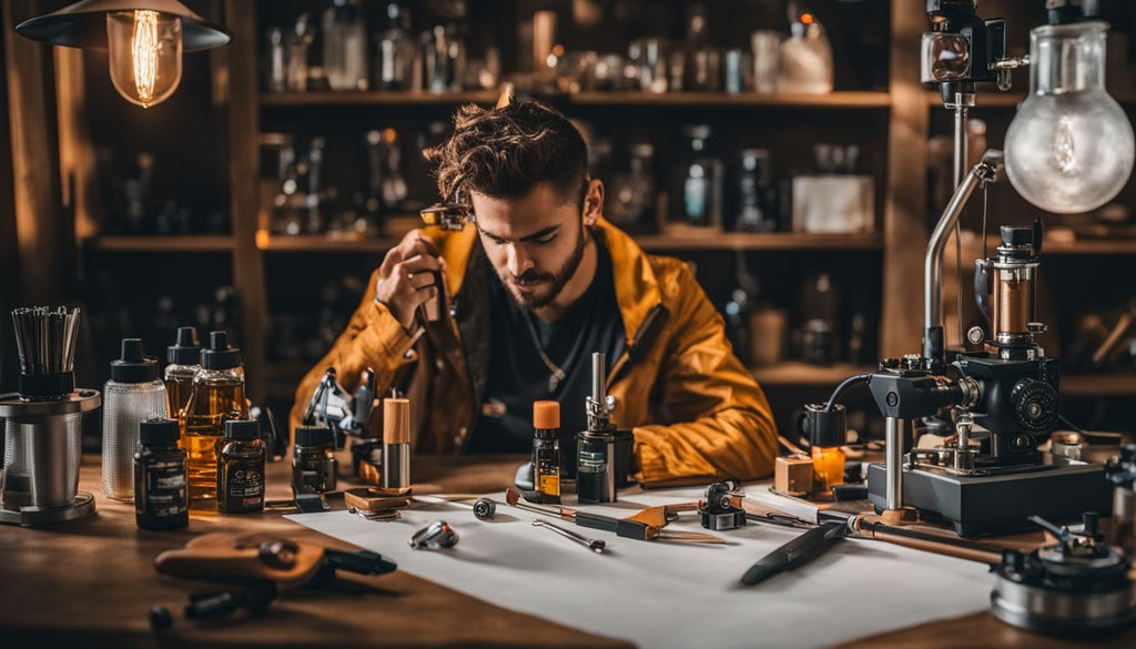 A person with a dab rig and various dabbing tools on a tabletop.