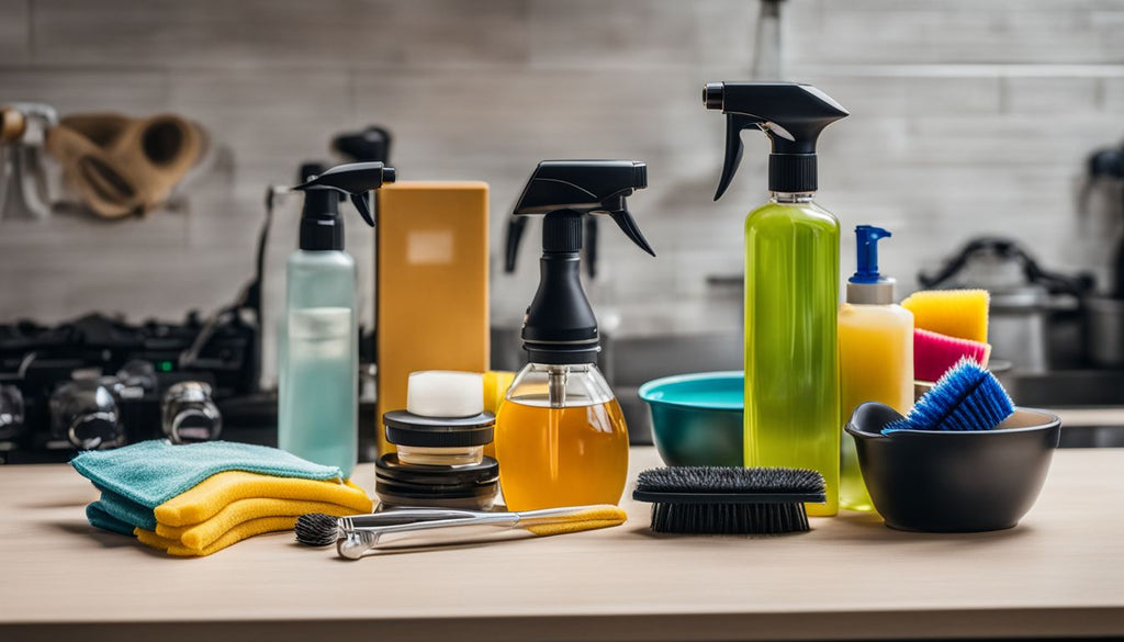 A neatly arranged set of cleaning tools for dab rigs on a clean, well-lit countertop.