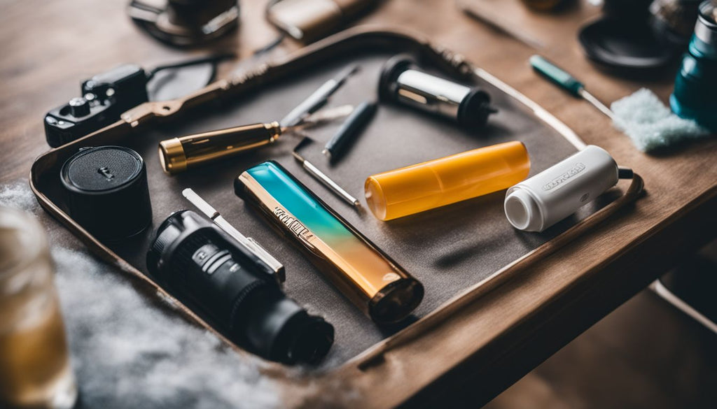 A disassembled dab pen with cleaning supplies on a table.