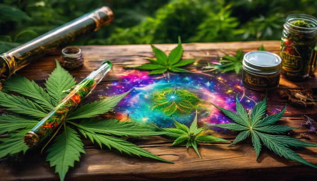 Colorful cannabis blunts and joints displayed on wooden table outdoors.