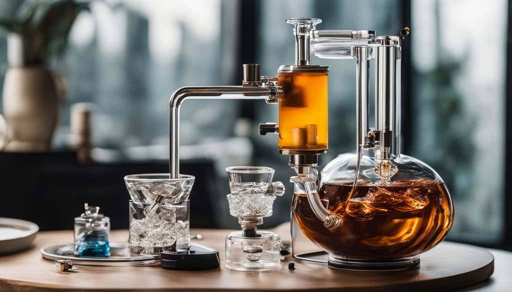 A modern glass dab rig in a stylish setting with all necessary components.