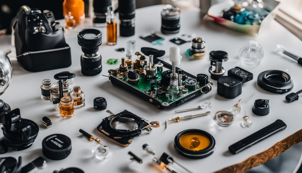 A variety of dab rig components laid out on a modern workspace.