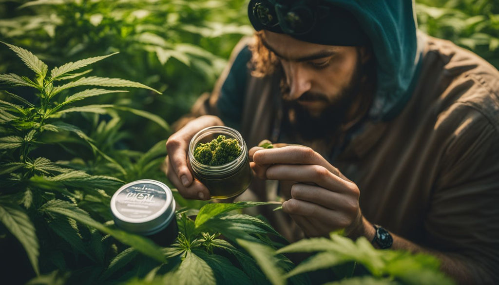 'A person holding a handmade THC concentrate product surrounded by cannabis plants.
