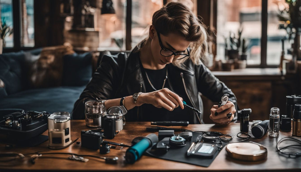 A person adjusting vape pen settings surrounded by accessories.