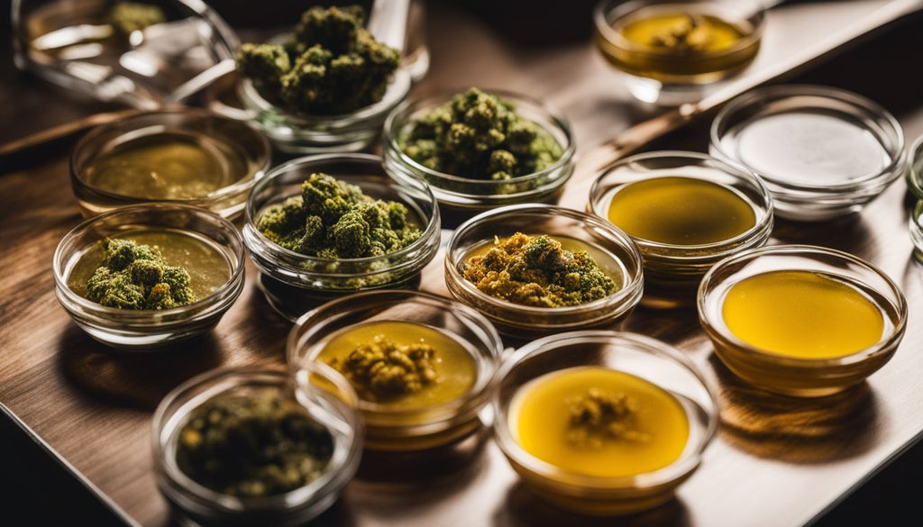 A display of various cannabis concentrates on a modern tabletop.