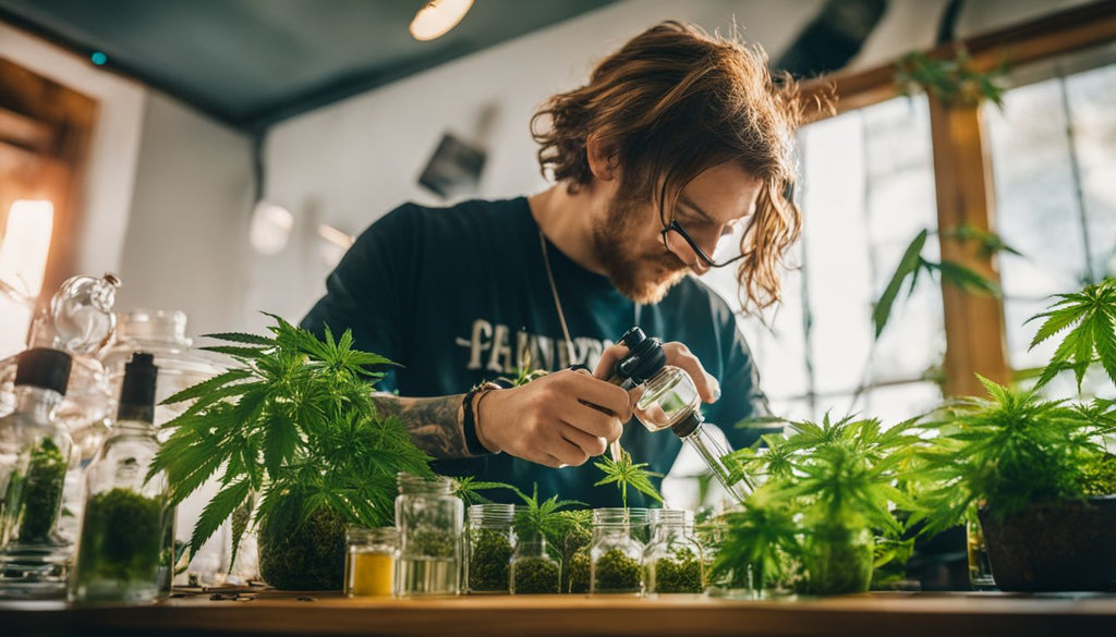 A person using a dab rig surrounded by cannabis plants in nature.