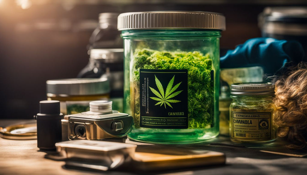 A cannabis concentrate jar with warning labels and safety equipment.