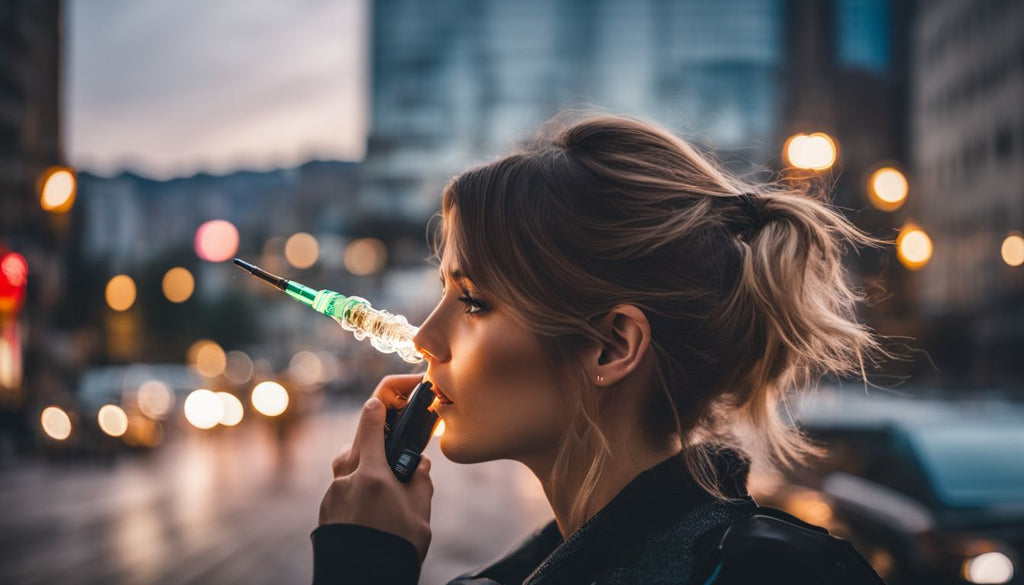 A person using a dab pen in a modern city setting.