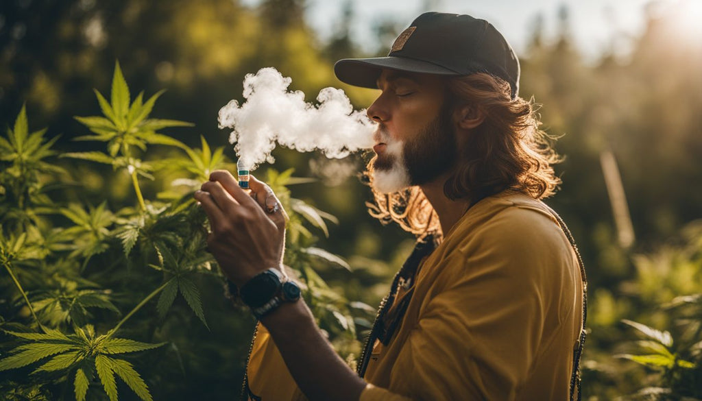 A person inhaling vapors from marijuana concentrates in an outdoor setting.
