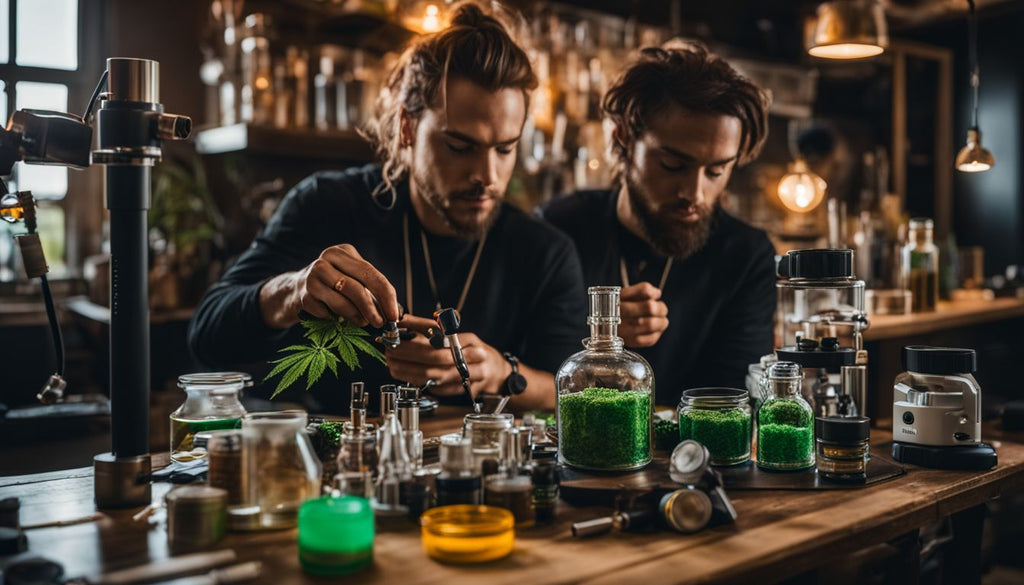 A person using a dab rig surrounded by cannabis concentrates and tools.