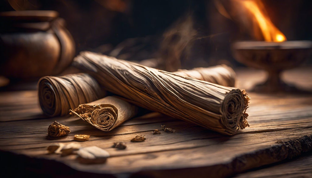 A close-up of rolled blunts and joints on a rustic tabletop.