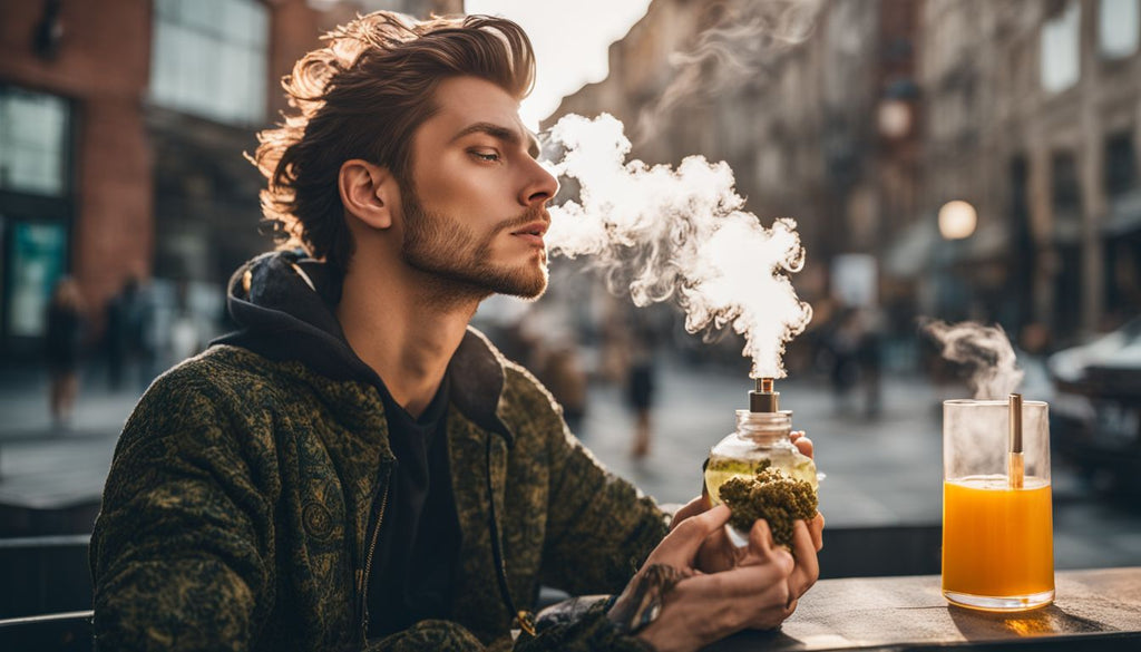 A person using a vaporizer to consume cannabis concentrate in an urban setting.
