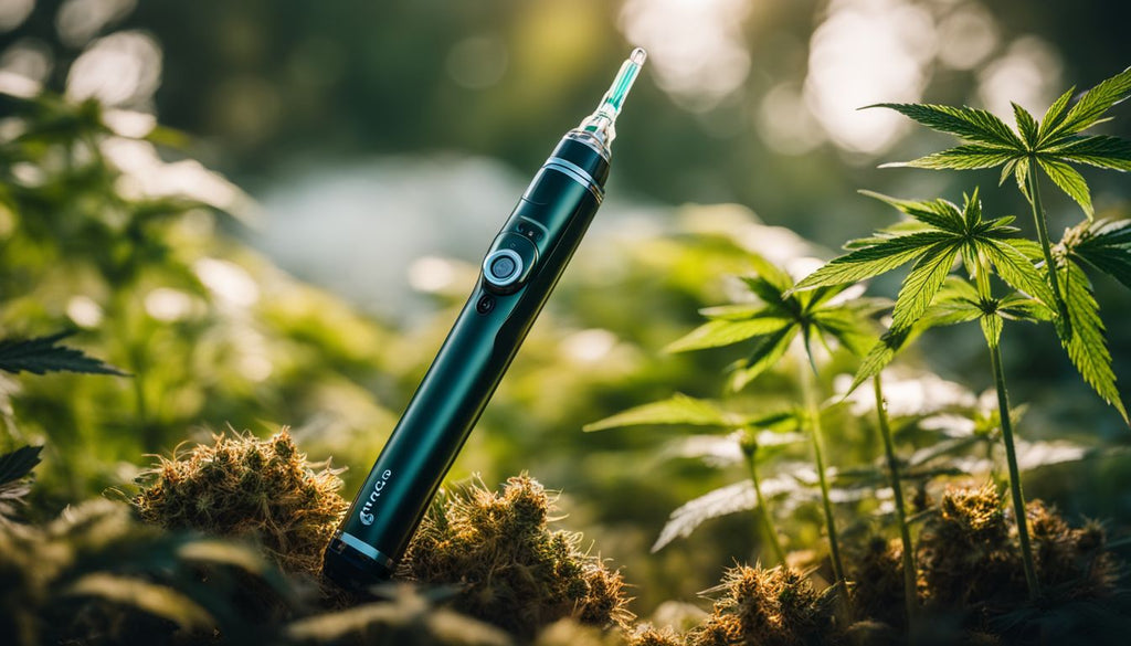 A modern dab pen surrounded by cannabis plants in a natural setting.